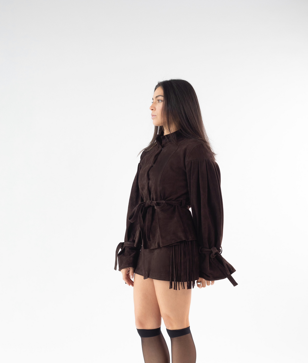 Puff Sleeve Jacket With Peplum Hem and Self Tie Waistband
