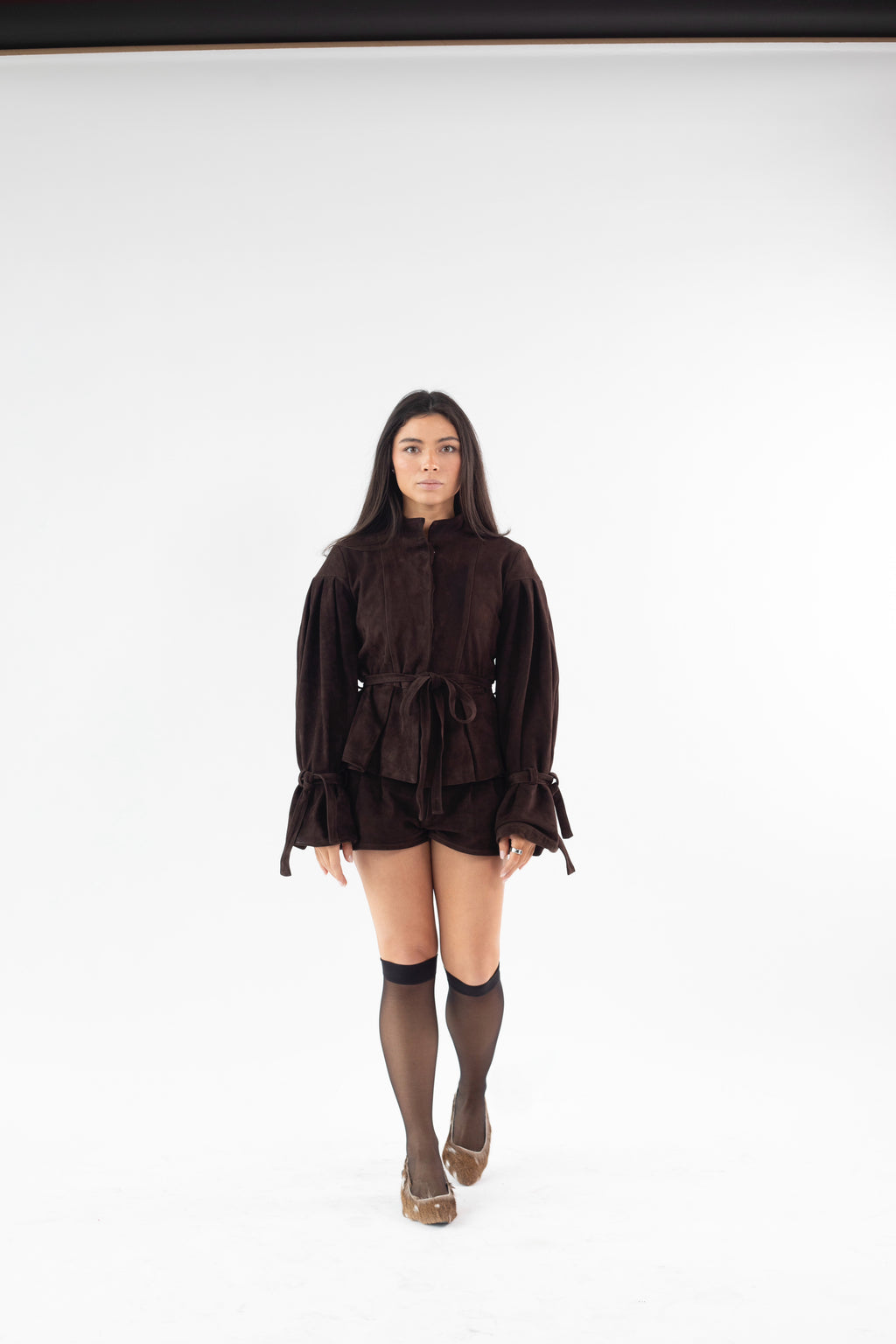 Puff Sleeve Jacket With Peplum Hem and Self Tie Waistband