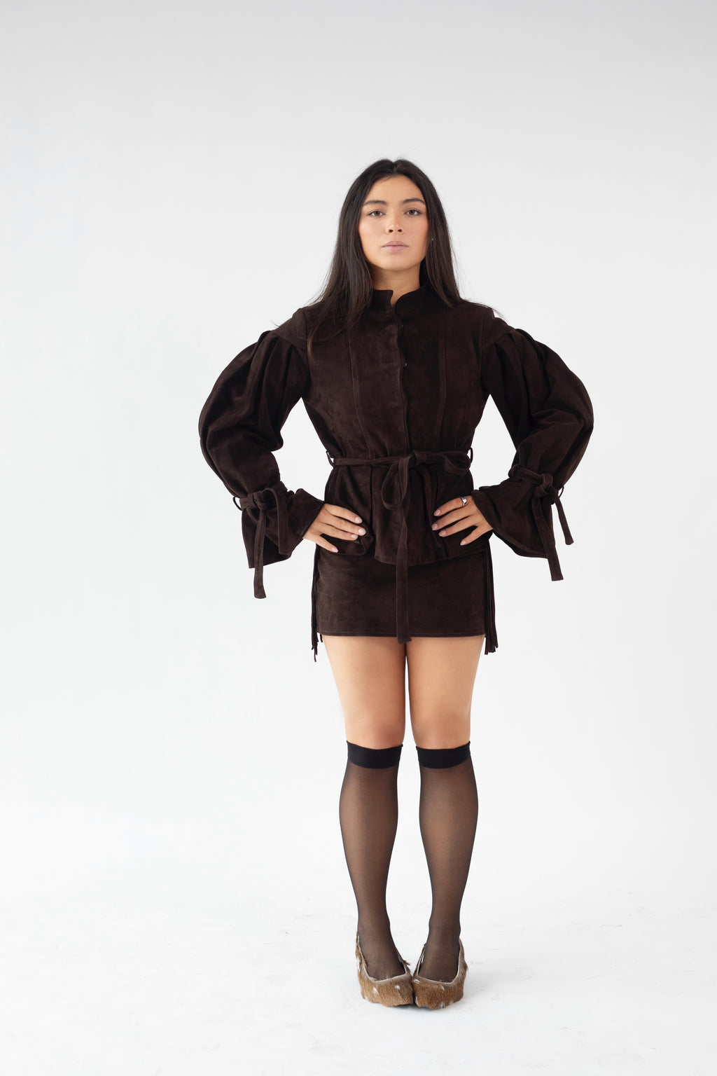 Puff Sleeve Jacket With Peplum Hem and Self Tie Waistband