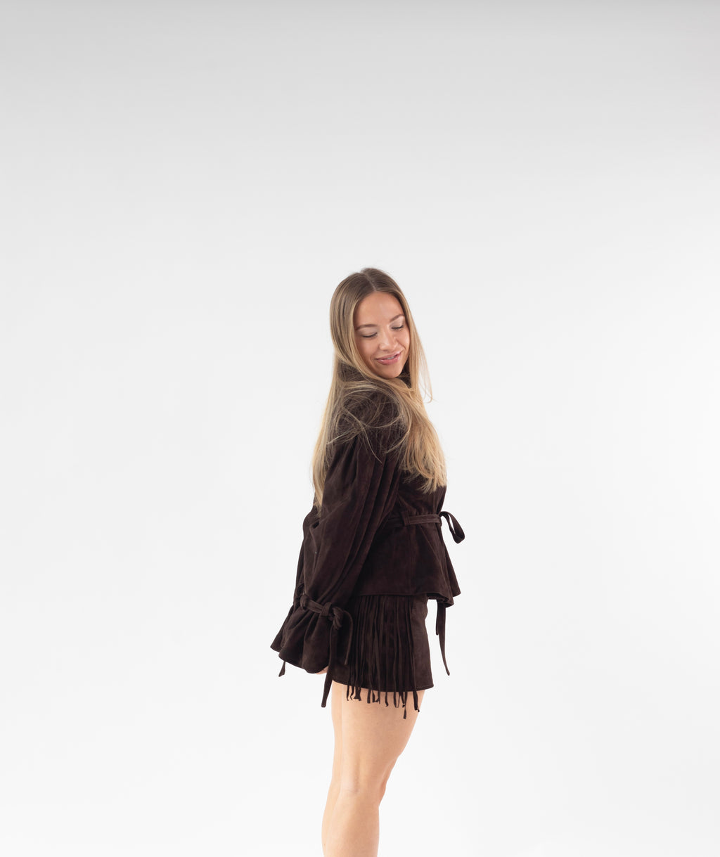 Puff Sleeve Jacket With Peplum Hem and Self Tie Waistband