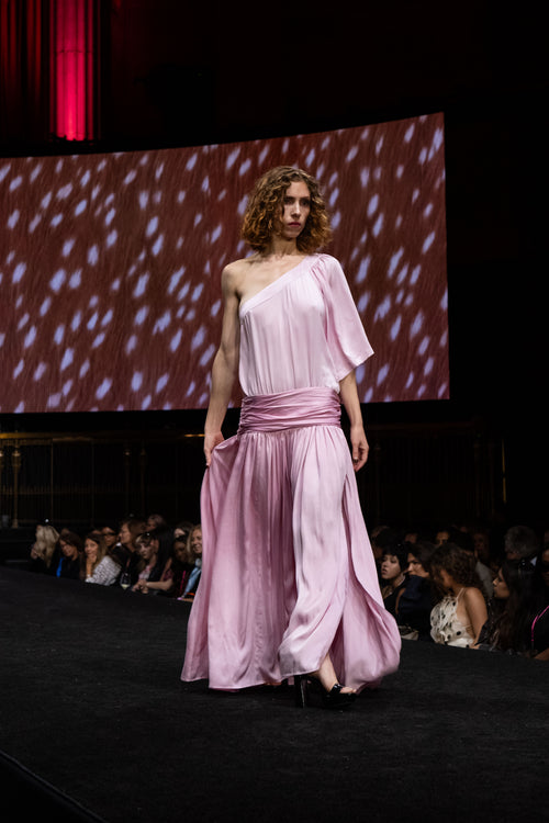 Asymmetric Silk Gown with Gathered Drop Waist