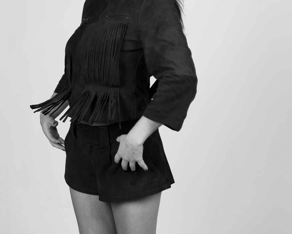 Women's Fringe Suede Jacket with Suede Micro mini shorts
