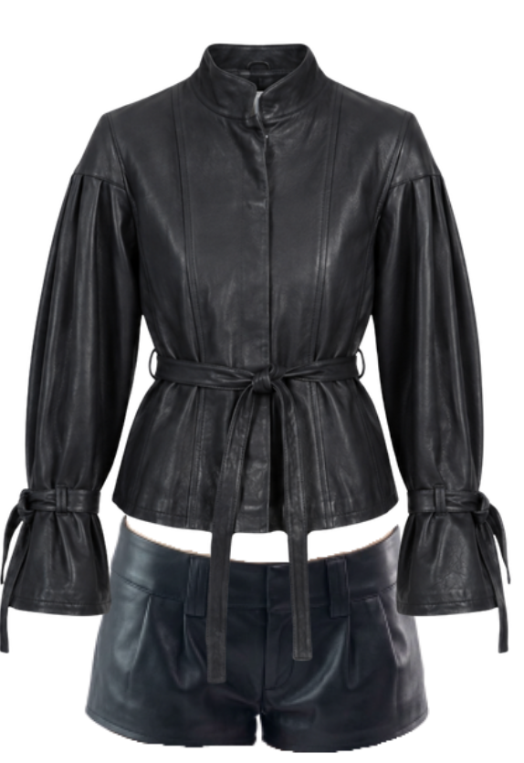 Puff Sleeve Jacket With Peplum Hem and Self Tie Waistband
